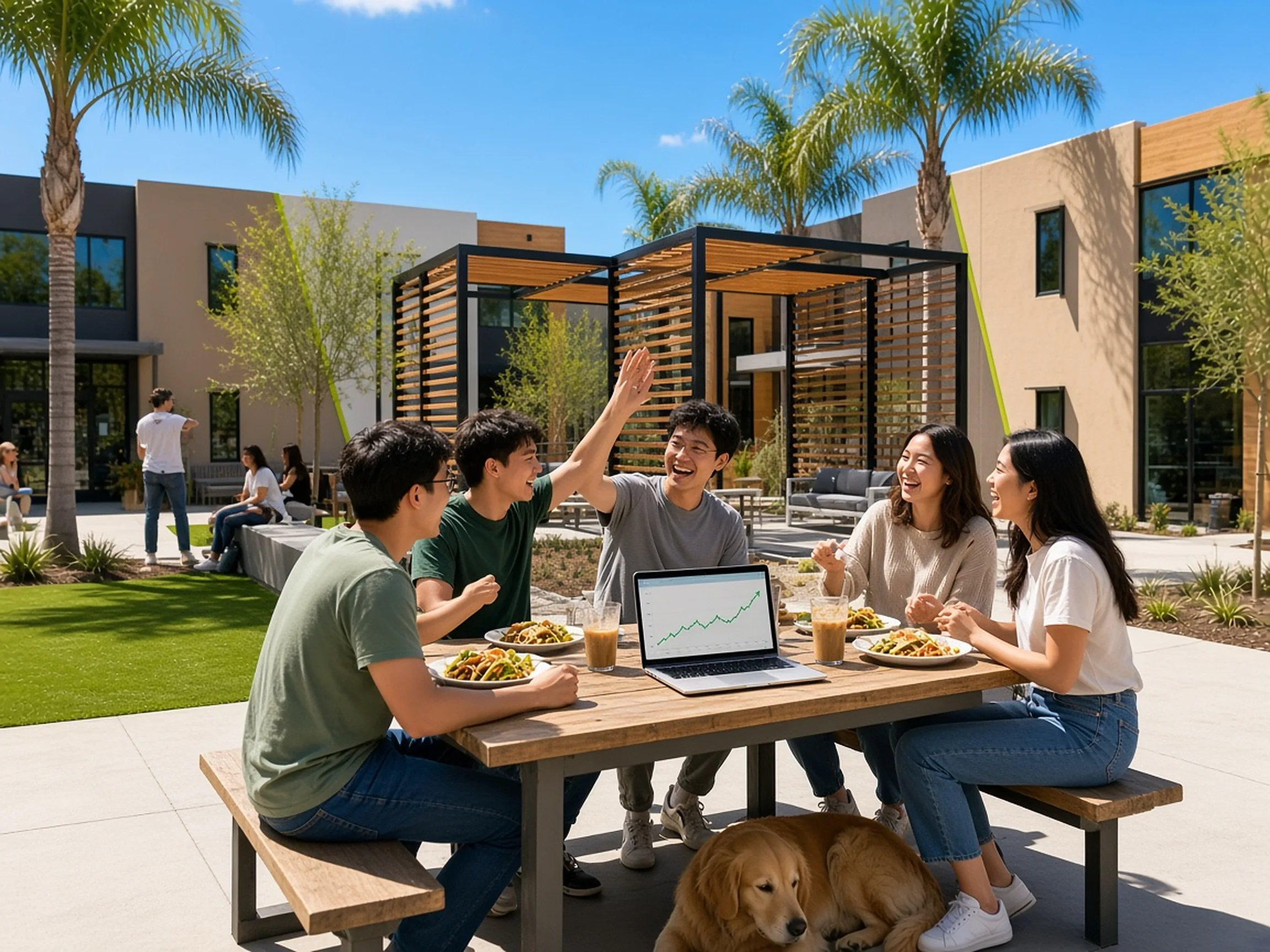 Members celebrating a first sale over lunch in the courtyard