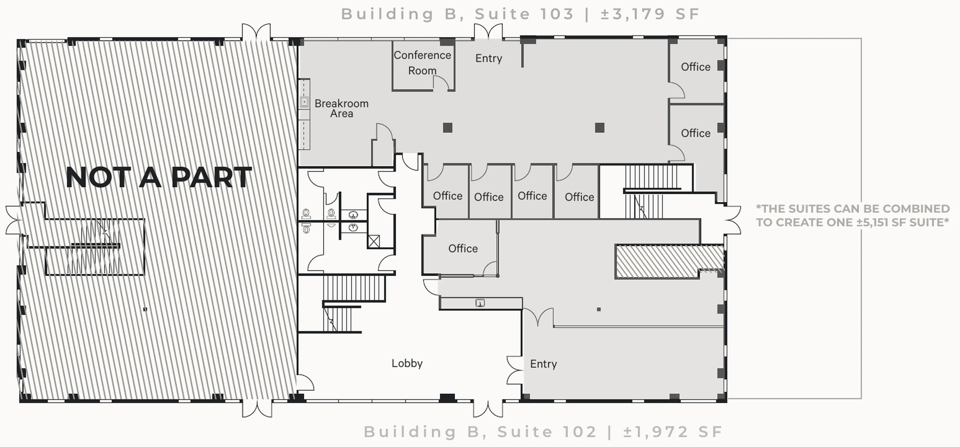 Floor plan of Building B, Suites 102 and 103, as they stand today