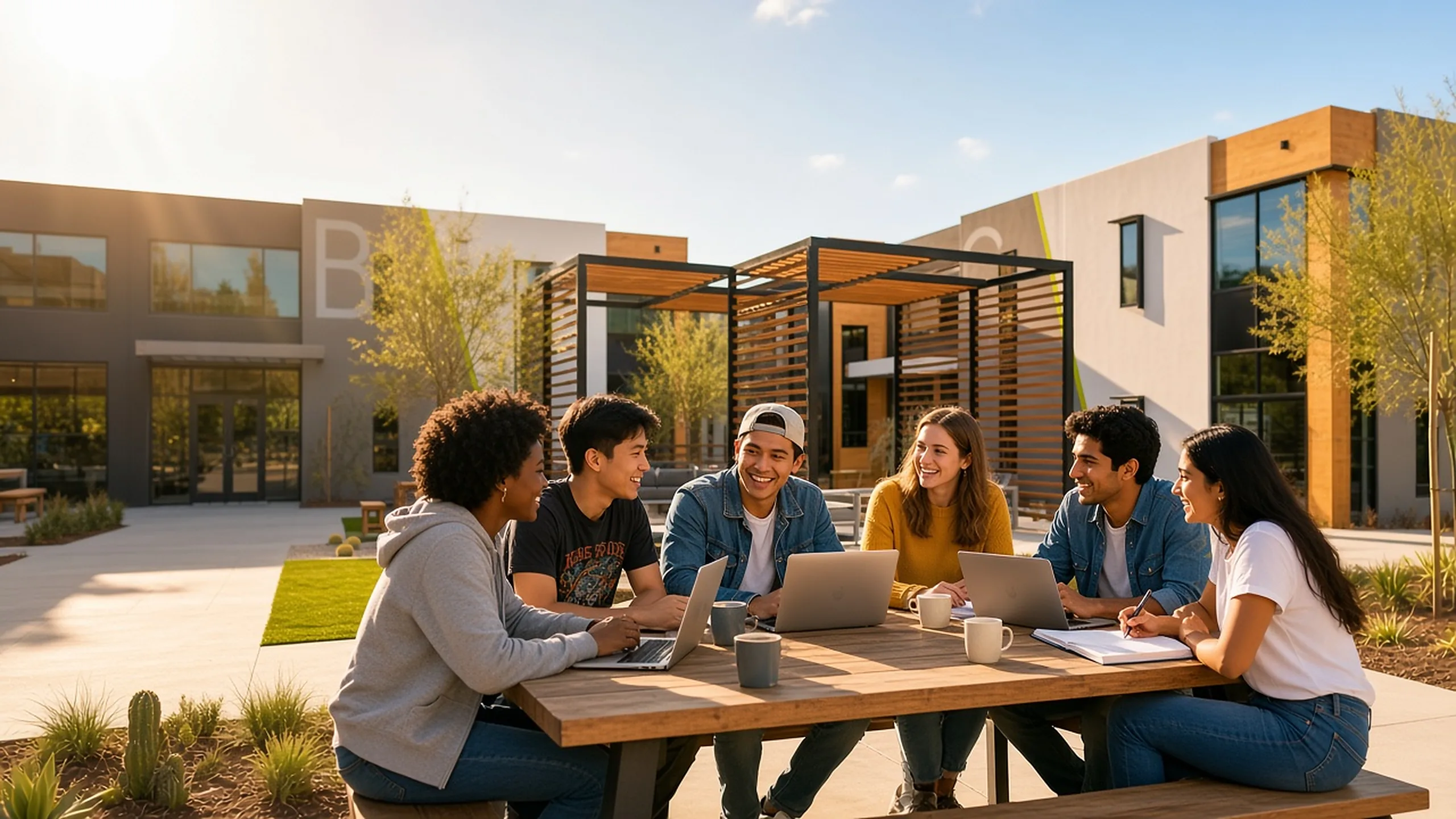 Founders working at an outdoor table under the courtyard pergola