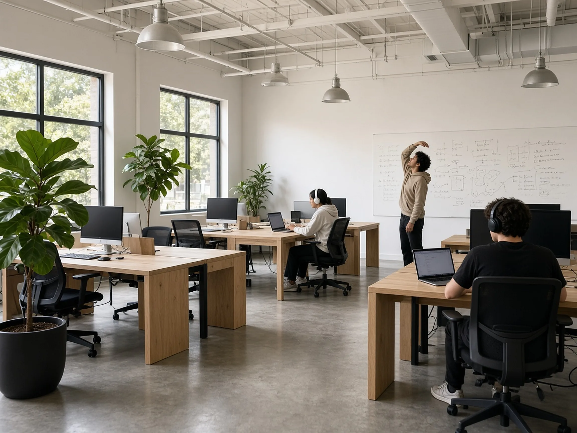 Resident desks in a bright open room